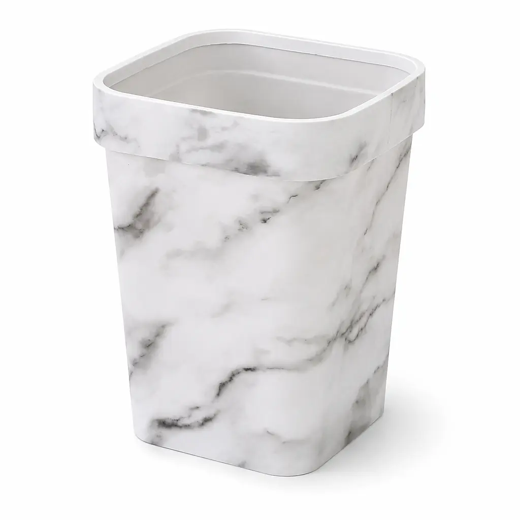 Marble Vein Square Open Top Trash Can with Thickened Rolled Rim Edge, Nordic Aesthetic Waterproof Plastic Waste Basket, Minimalist Decorative Garbage Bin for Bathroom Vanity Bedroom Desk Kitchen Counter Household Room Decor