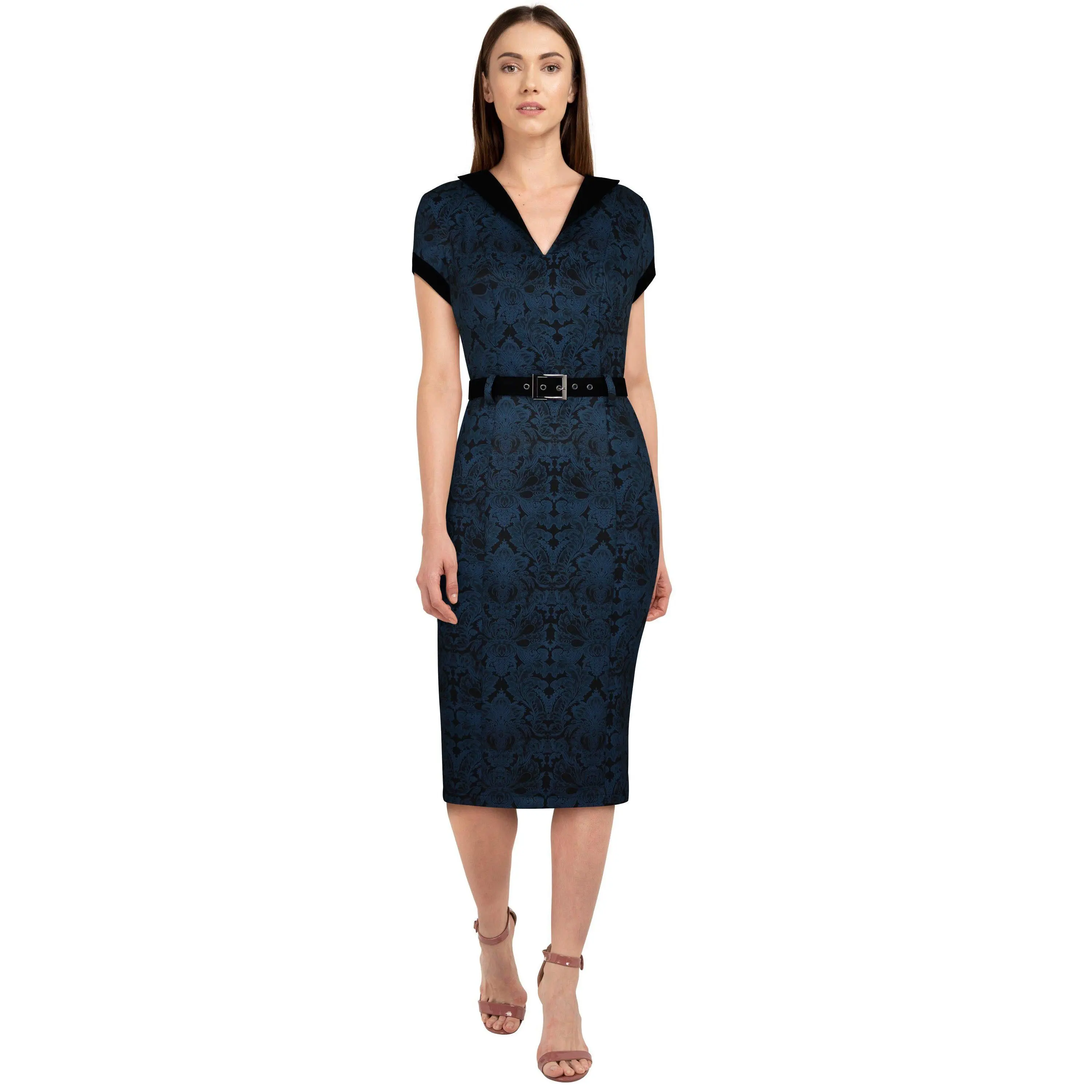 Women's Chic Polyester Blend Haunt Pattern Wiggle Dress - Deep V-Neck, Contrast Collar, Matching Belt, Bodycon, 2x, 3x, Sleeve Design