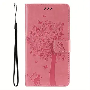 Cat Tree Pattern Phone Case with Card Slot & Lanyard, Magnetic Flip Cover with Stand Function, Shockproof Phone Protective Cover for iPhone Accessories