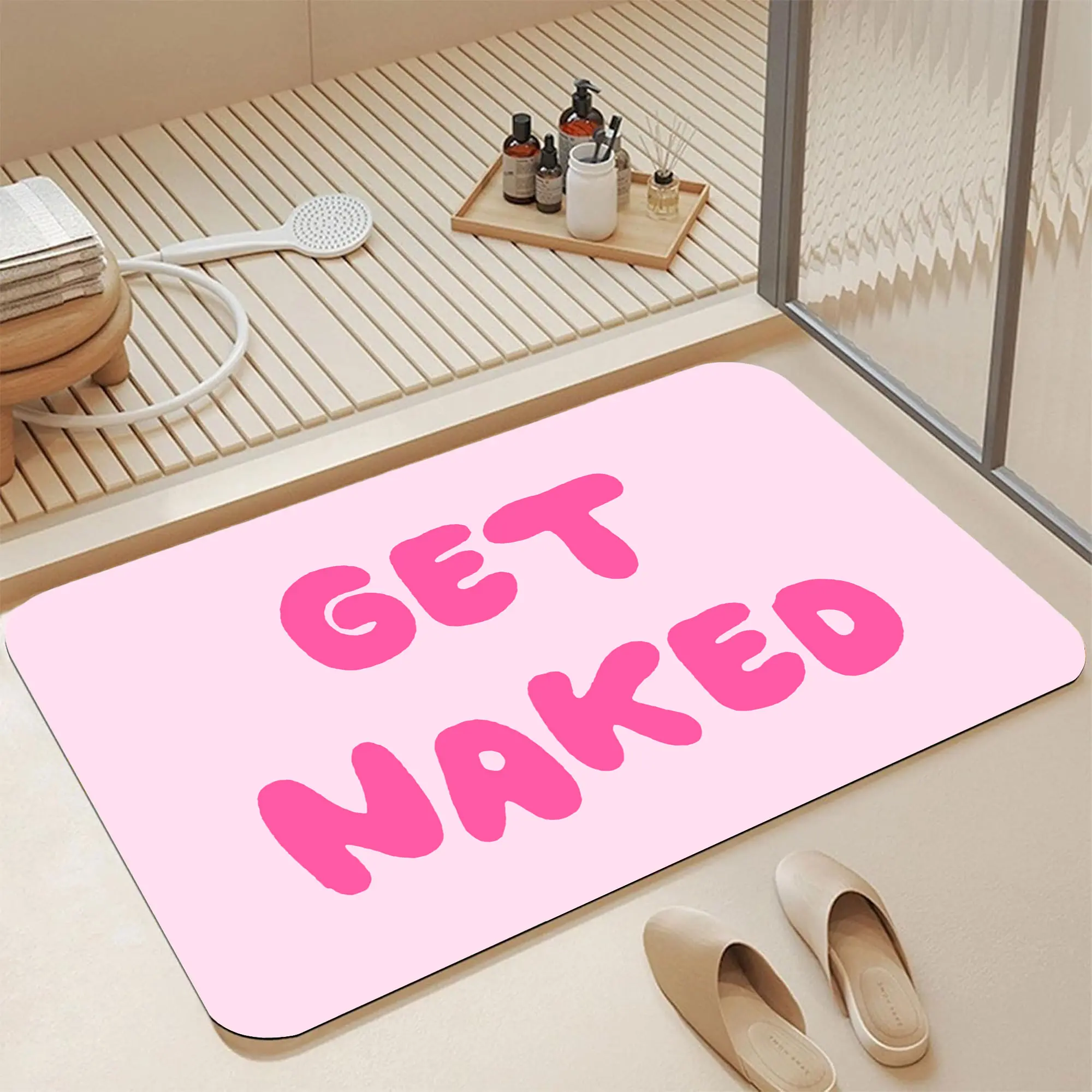 Vibrant Bubblegum Pink "Get Naked" Soft Diatomite Bath Mat 16*24" |   Instant Water Absorbing Non Skid Mildew Resistant Shower Rug Stylish Coquette & Y2K Bathroom Decor Mat for Pink Lovers