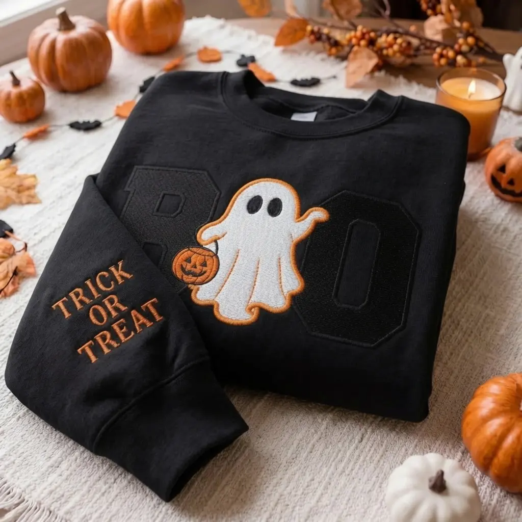 Boo Gingham Ghost Applique Sweatshirt, Embroidered Trick Or Treat Sleeve Halloween Crewneck