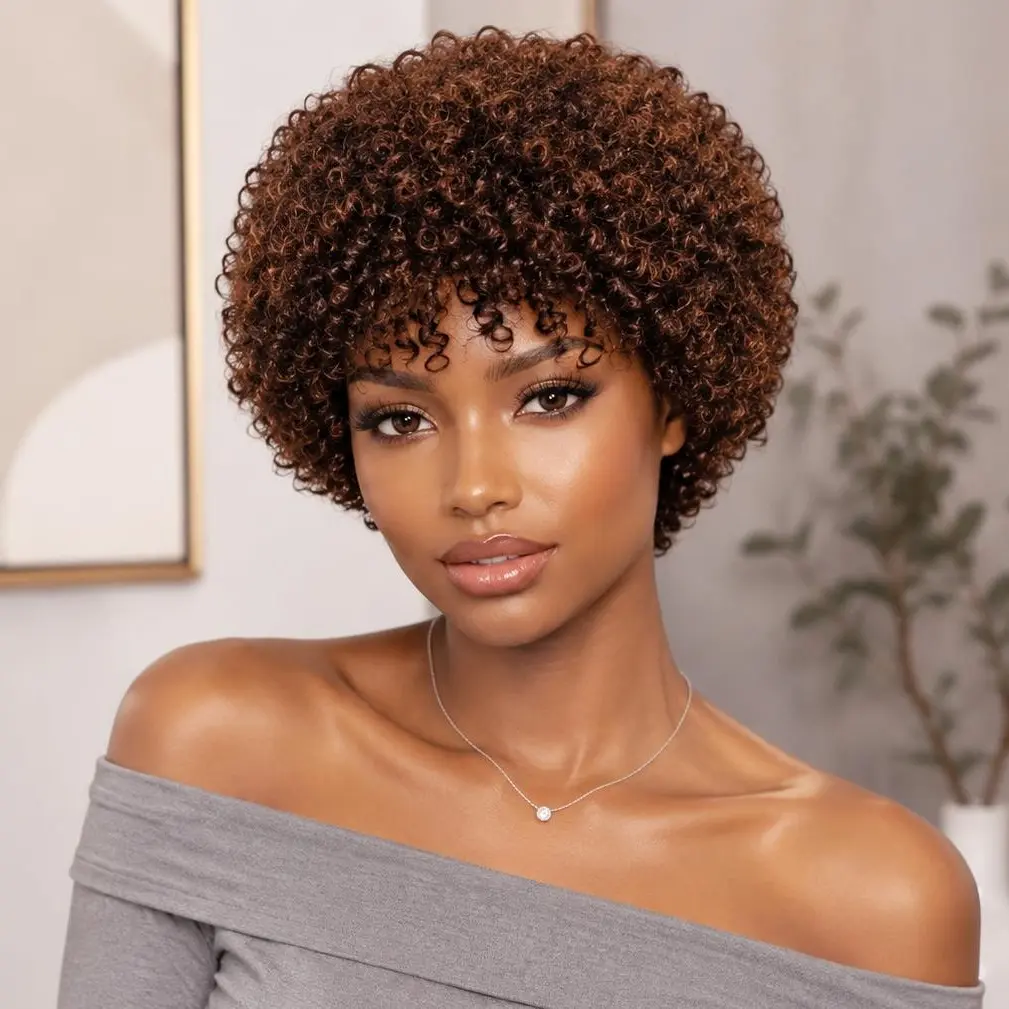 Glueless Water Wave Curly Wig for Women Short Wig Wear and Go No Lace No Glue Beginner-friendly Chocolate Brown Color 6 Inch Machine Made Wig