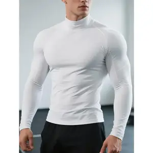 Men's Quick-Dry Stretch Fitness Shirt - High Neck Long Sleeve Workout Top, Tight-Fit Gym & Boxing Shirt for All Seasons, Moisture-Wicking Athletic Performance Apparel, Gym Clothes, Training Top, Sporty Look, Stretchy Fabric, Activewear Top, Active Men
