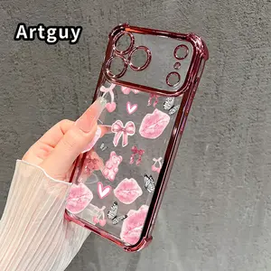 Protective Four Corners Plated Clear Phone case for iPhone 17 Pro Max 16 15 Plus Air 14 13 12 11 E Pink Whimsy Patterned Shockproof Transparent Soft Silicone Cover