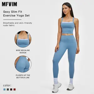 MFVIM women’s cross-back yoga outfit featuring high-waisted quick-dry pants and a color-block spaghetti-strap cropped top; casual fitness apparel for women suitable for the gym.