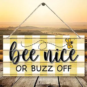 Bee Nice Or Buzz Off Sign, Wooden Hanging Sign, Rustic Farmhouse Design, Hanging Ornament for Front Door Wall Porch Home Room Decor, Bee Gifts for Friends Bee Lovers, Hangable