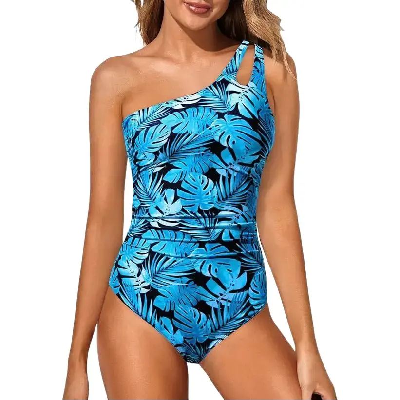 Women's 1-Shoulder Monokini, Sexy Asymmetric Double-Strap Swimwear with Tropical Monstera Leaf Print, High-Cut Padded Tummy-Control 1-Piece Bathing Suit for Summer Sports & Outdoor Use, Swimsuits Tummy Control