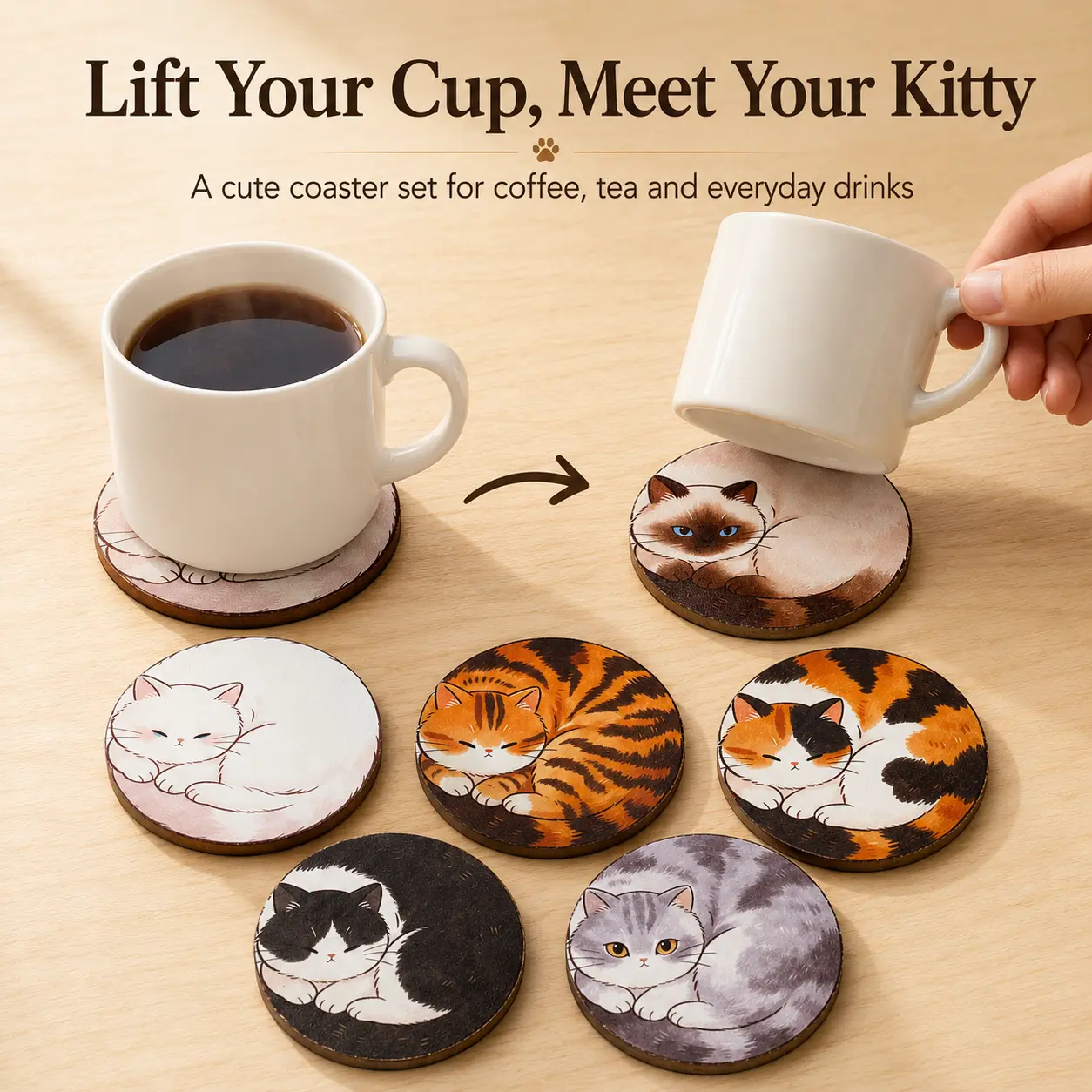 Cat Coasters, 6 Piece Wooden Coaster Set with 6 Different Sleeping Cat Designs, 3.54 in Round Drink Coasters for Coffee Table, Desk and Home Decor, Gift for Cat Lovers