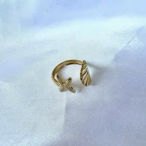 Seashell and Starfish Stainless Steel Adjustable Ring, Gold or Silver