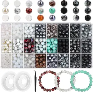 840 count 8mm Glass Beads - 24 Colors, Round Marble Loose Beads for Men Women Bracelet Earring Necklace  Making Supplies