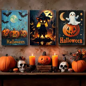 3 Counts Wooden Framed Canvas, Terrifying Halloween Pumpkin Head, Halloween Home Poster, Halloween Party Decorations, Living Room And Bedroom Hanging Paintings, Horror Theme, Interesting Posters, Exquisite Gifts, High-Definition Art