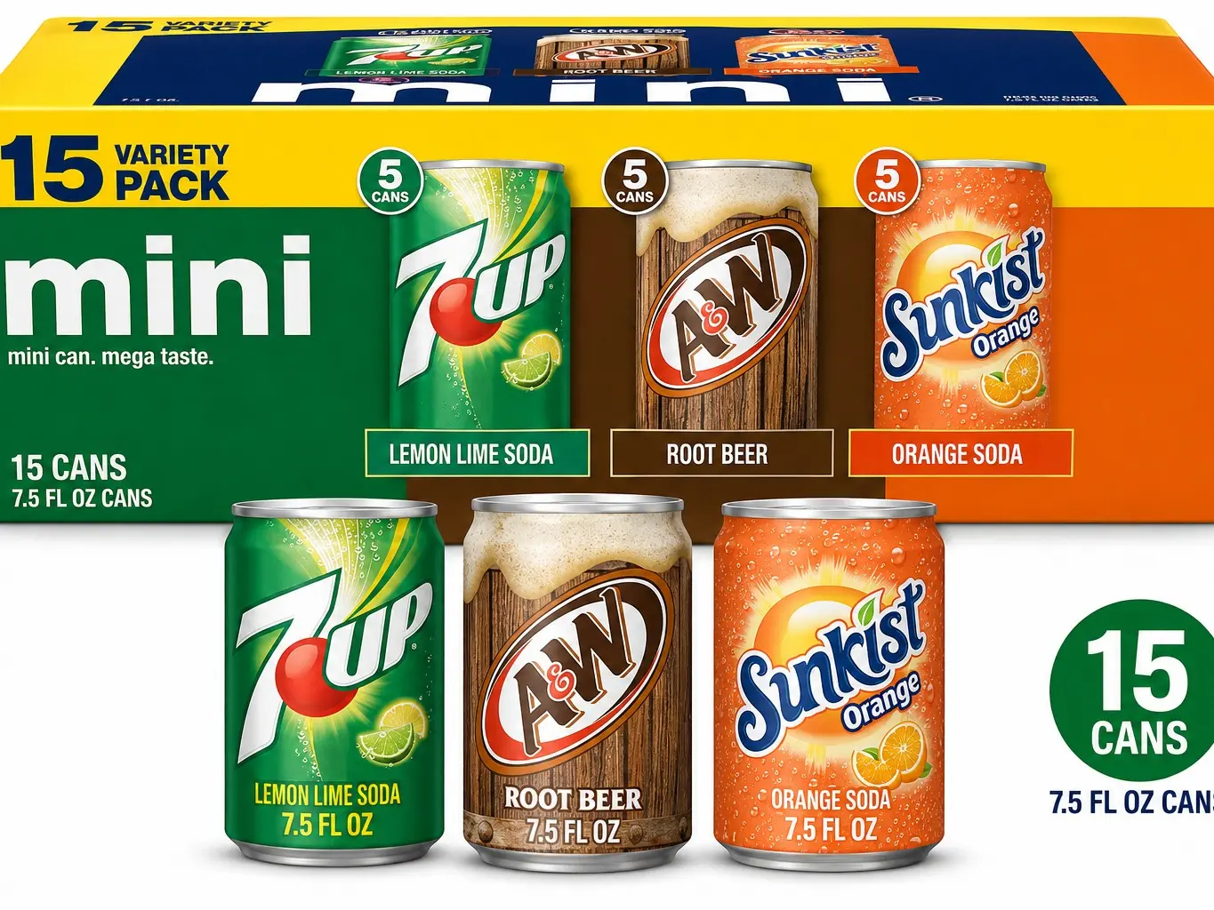 7UP, A&W Root Beer & Sunkist Soda Variety Pack – 15 Pack of 7.5 fl oz Mini Cans | Refreshing Soft Drink Assortment for Parties, Lunches & Family Gatherings