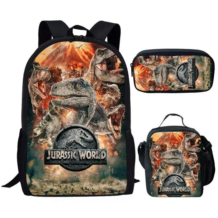 3 Piece Jurassic World Dinosaur Full Print Laptop Backpack Set Kids School Bag Insulated Lunch Bag Pencil Case