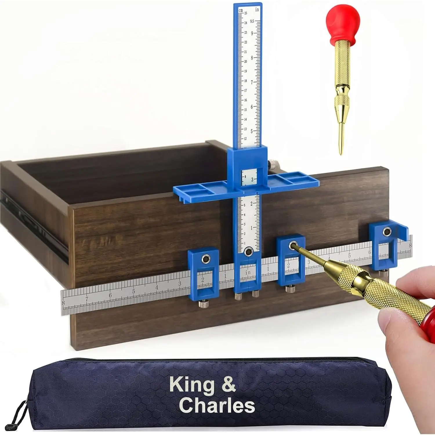 Cabinet Hardware Jig, King&Charles Cabinet Handle Jig with Automatic Center Punch, Avoid Jitter Caused by Direct Drilling. Use for Handles and Pulls on Drawers/Doors, Perfect Set. knob