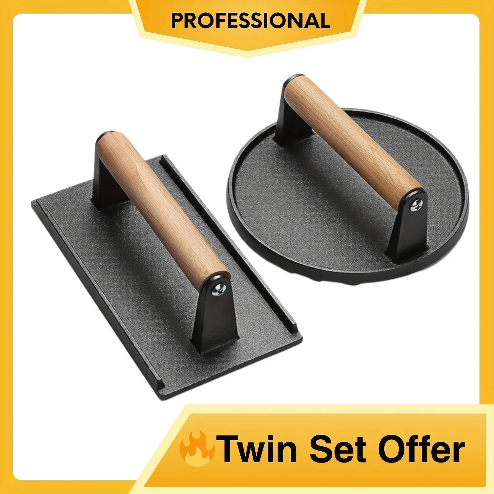 Dual-Size Cast Iron Smash Press - Heavy Duty Bacon & Patty Press with Ergonomic Wood Handle for BBQ/ Kitchen
