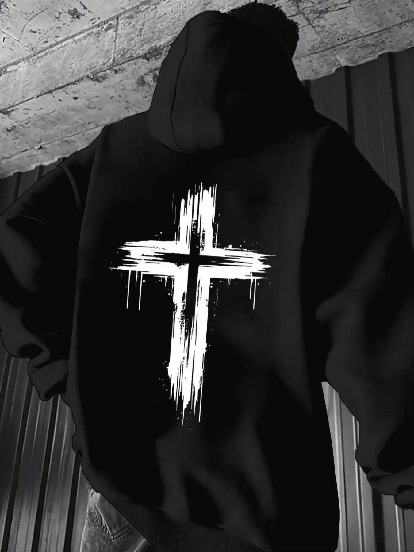 Men's Casual Loose Hooded Sweatshirt with Cross Print, Fleece Lined Pullover for Fall & Winter, Comfortable and Stylish Top, Hot Trending Hoodies