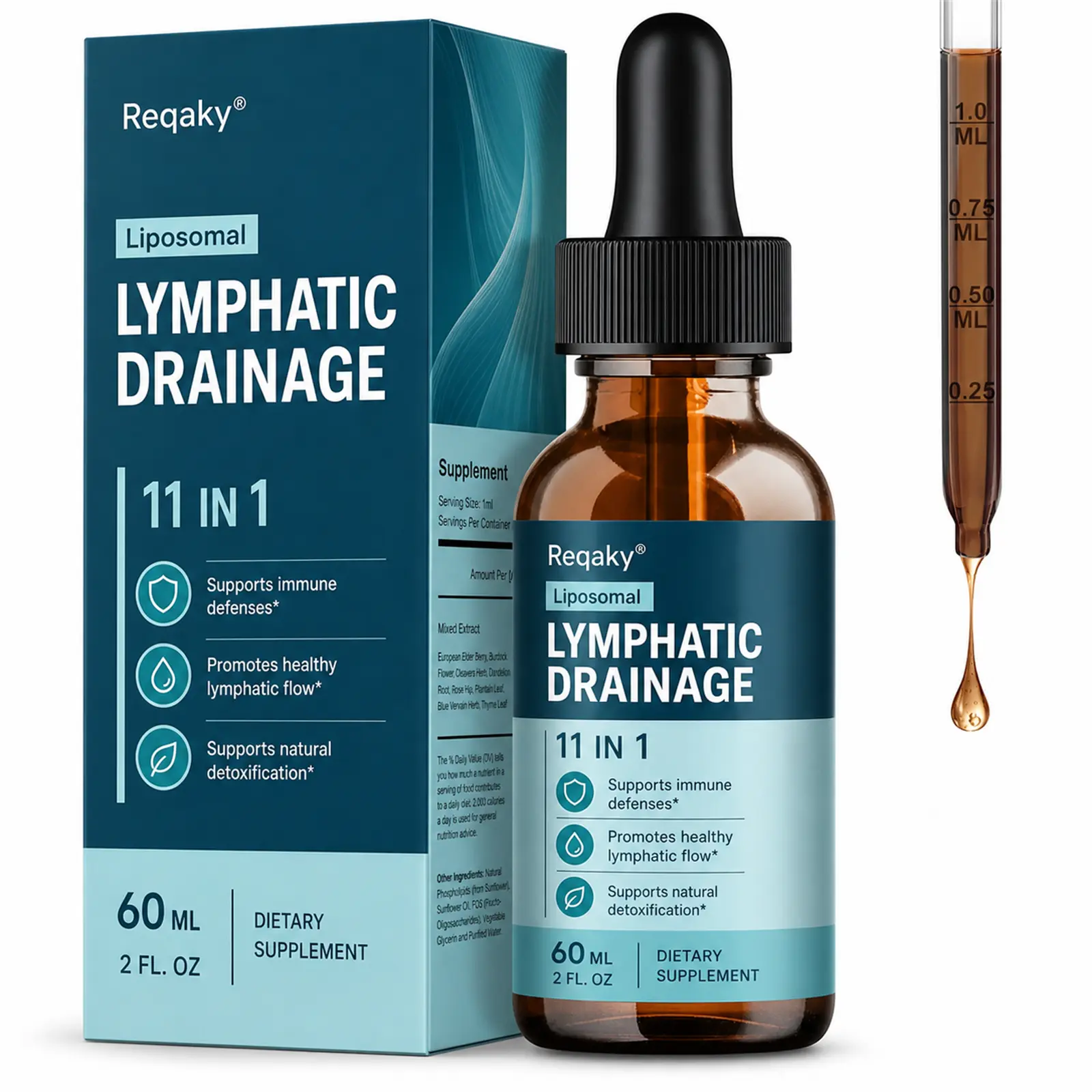 Reqaky Liposomal Lymphatic Drainage Drops - 11-In-1 Organic Supplement with Burdock Root, Echinacea, Elderberry, Calendula, Cleavers Herb, Dandelion - Supports Lymphatic Health, 2 FL.OZ Natural Healthcare Travel Essential support supplement lymph