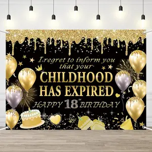 2D banner 1 Pcs, Happy Birthday, 18th Birthday Banner Backdrop I Regret to Inform You Your Childhood Has Expired Backdrop Black Gold for Boys Girls Party Decorations Banners Photo Booth Background Photoshoot Banner 82.67 x 118.11 Inches Polyester Fabric