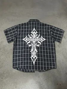 Y2K Tribal Cross Plaid, Checked Button Up Shirt, Gothic Grunge Short Sleeve Top, Cyber Y2K Streetwear, Vintage 2000s Aesthetic, Black White Plaid Graphic Tee, Emo Punk Alt Fashion, Oversized Fit for Men & Women, Retro 90s 2000s Clothing