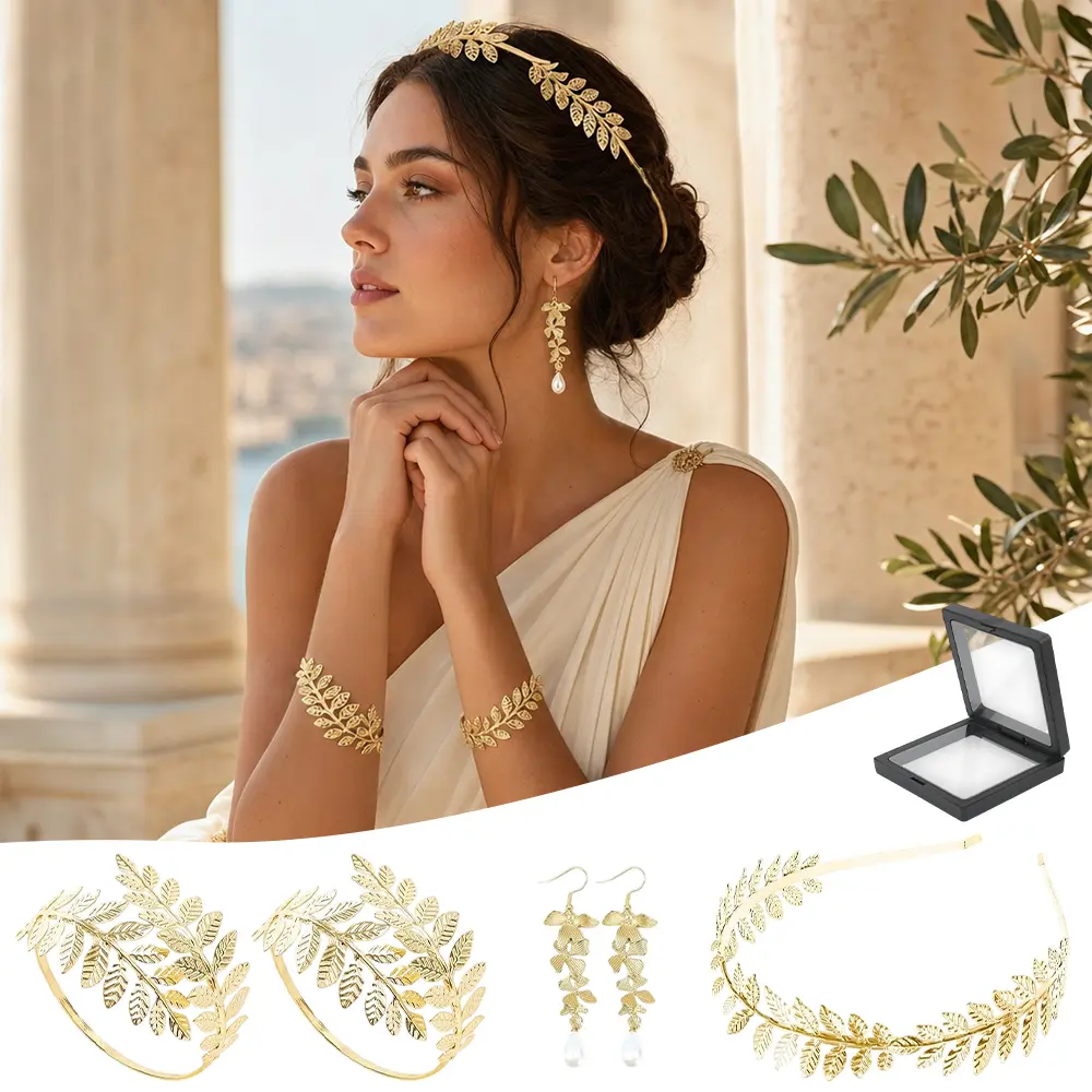 5 PCS Greek Goddess Costume Accessories Set, 1 Piece Golden Leaf Crown Headband, 2 Pieces Coil Upper Armband Bracelet, 2 Pieces Dangle Earrings, Bridal Wedding Headpiece Costume