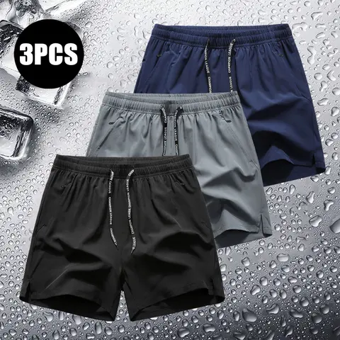 URMCZ Men's 3-Pack Ice Silk Solid Fitted Running Shorts - Breathable, Moisture-Wicking, Quick-Dry, Soft, Above-the-Knee, Zipper-Equipped Activewear for Long Workout Sessions, Gym Use, Father's Day Gift