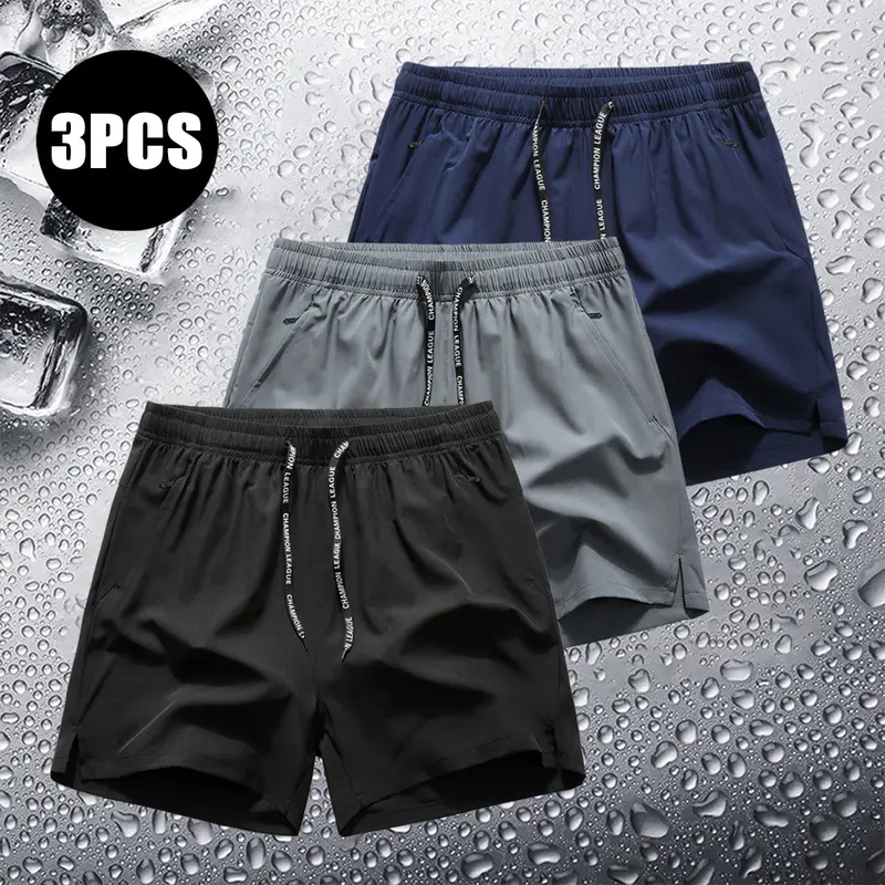 URMCZ Men's 3-Pack Ice Silk Solid Fitted Running Shorts - Breathable, Moisture-Wicking, Quick-Dry, Soft, Above-the-Knee, Zipper-Equipped Activewear for Long Workout Sessions, Gym Use, Father's Day Gift