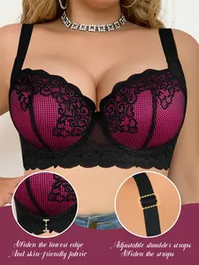 Plus Size Women’s Sexy Color-Block Lace Push-Up Bra, Sheer & Skin-Friendly, Wide Side Panels for Slimming Shape, Adjustable Elastic Straps, Underwire Support Anti-Sagging, Perfect for Curvy Figures, Daily & Special Occasions