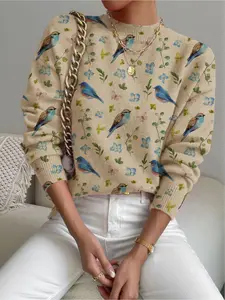 Women's Floral Animal Bird Print Stand Collar Fitted Sweater, Fall Winter Casual Long Sleeve Knitwear, Comfortable Warm Daily Wear Tops, Womenswear