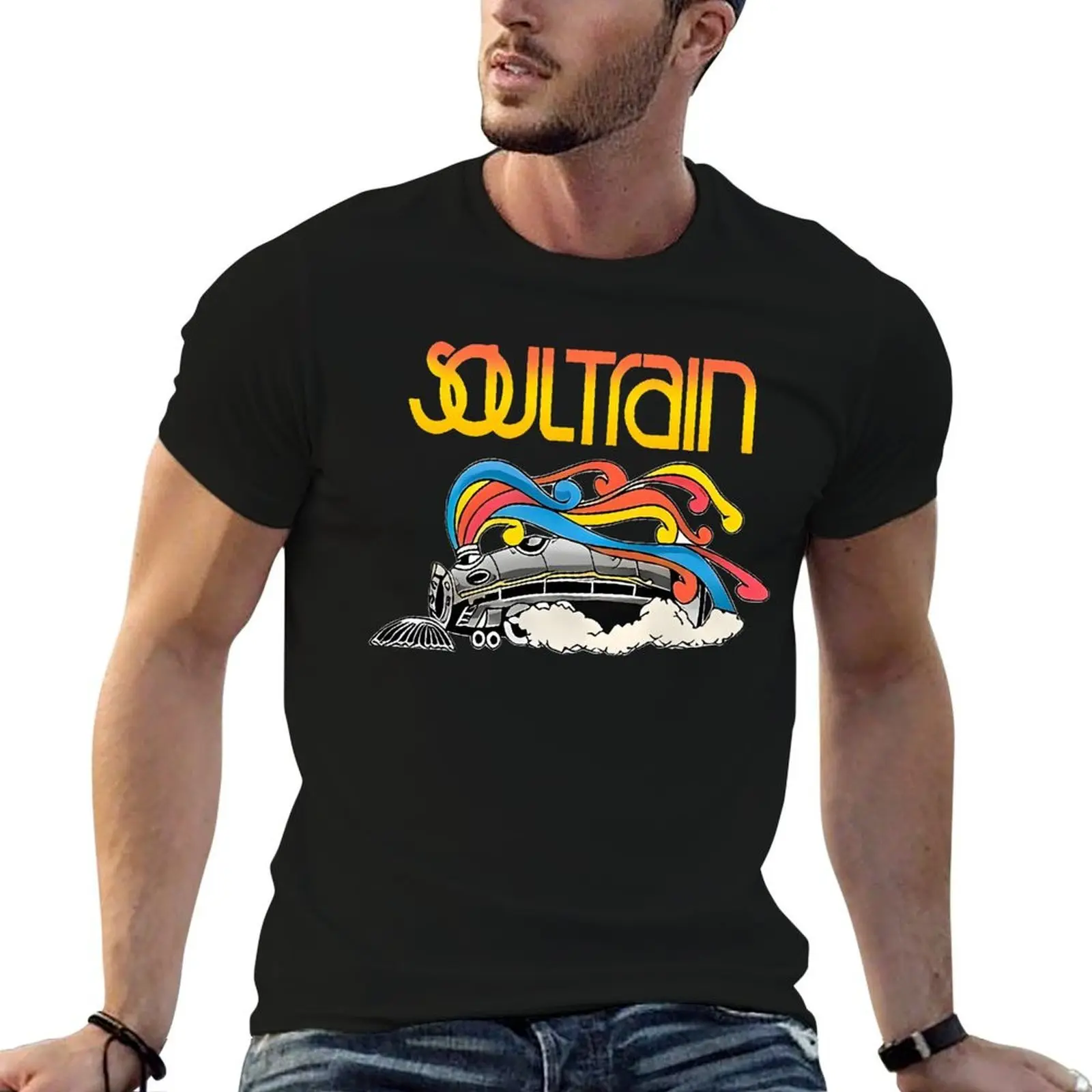 Men's Retro Vintage Graphic Print Short Sleeve Crew Neck Casual T-Shirt - 70s Soul Train Iconic Train Motif Medium Length Top for Music Lovers