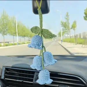 Easypie Selection 1pc Lily Of The Valley Crochet Pendant, Rearview Mirror Hanging Decor, Crochet Flower Car Accessory, Keychain, Bag Charm, White (Includes 4 Small Flowers)