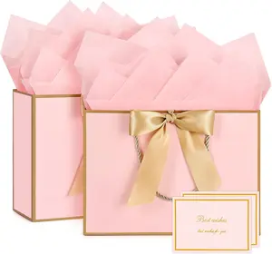 Bags, Small  Bags, 2 count Paper  Bag with 4 Tissue Paper and 2 Greeting Cards, Present Bags with Handles for Women Girls Bridesmaid Birthday Valentines Wedding Party (-Golden)