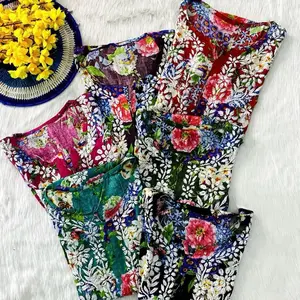 Exclusive Lucknowi chikankari handwork pure rayon printed kurtis with white plazzo pants with Dupatta