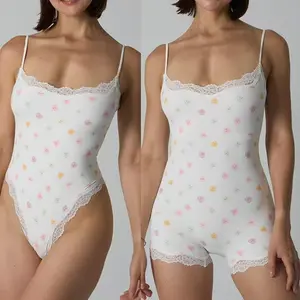 Lunaclo Lace Series Women's Spaghetti Strap Lace Trim Breathable Quick-Drying Flexible Bodysuit, Chic Lightweight High Stretch Playsuit, Seamless Basic Skin-Friendly Nightdress