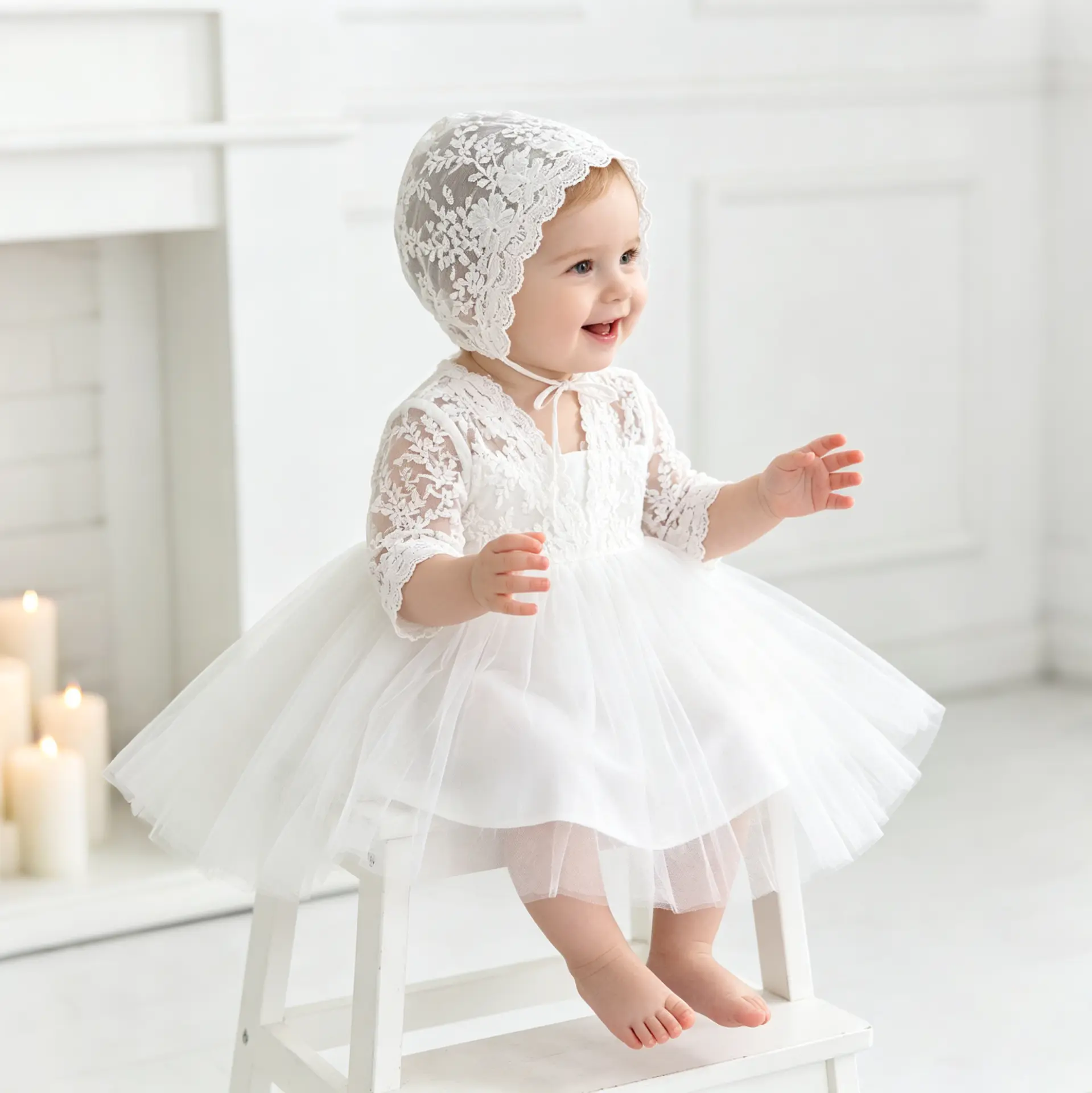 Baby Girl Baptism Christening Dress Floral Embroidered Lace Tulle Formal Gown Infant Toddler Ceremony Outfit