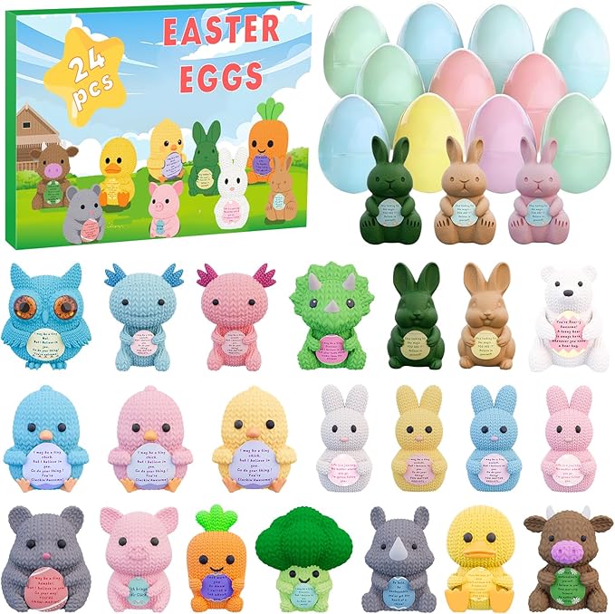 24 Pack Pre Filled Easter Eggs with 3D Printed Amigurumi Animals Easter Basket Stuffers & Party Favors for Kids Easter Egg Hunt Toys