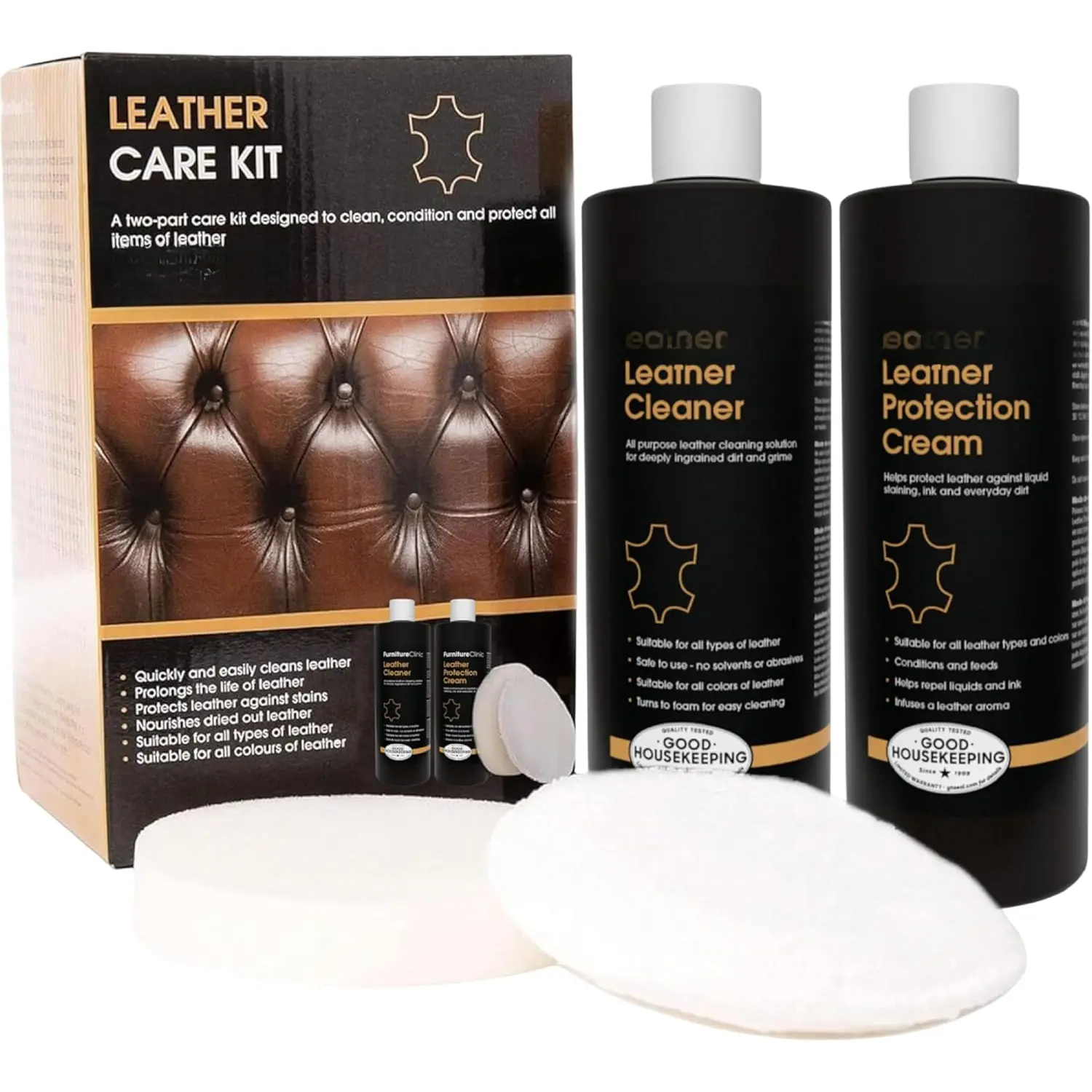 Large Leather Care Kit | Leather Cleaner + Conditioning Protection Cream for  | Two 17oz Bottles + 1 Sponge & 1 Cloth | Restore Leather Couches,  Seats, Jackets, & Boots