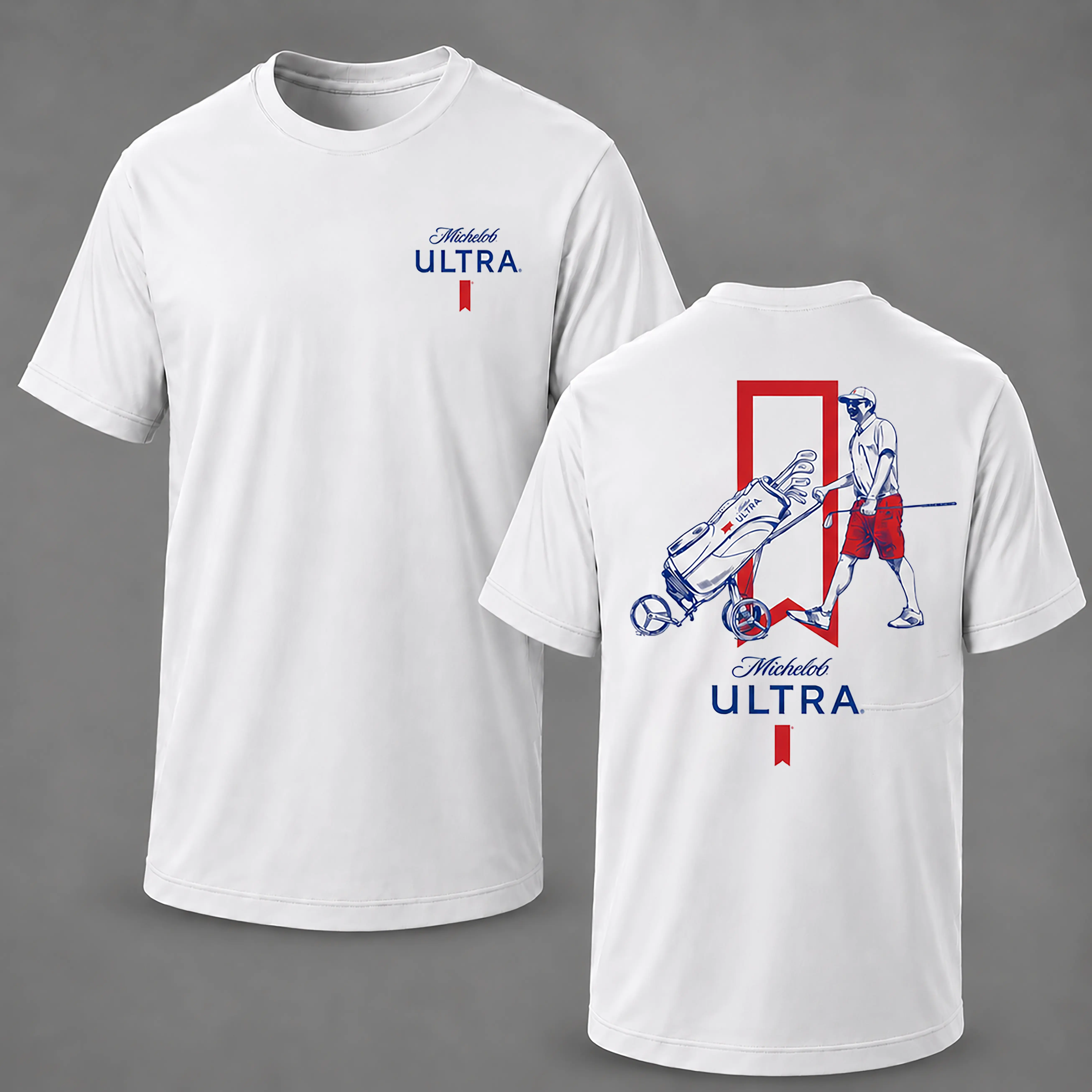 Michelob Ultra Vintage Graphic Short-Sleeve Round Neck T-Shirt - Pushcart Themed, 2-Sided Player Design, Casual Summer Cotton Streetwear Top for Men, Golf Enthusiasts' Gift, Shortsleeve