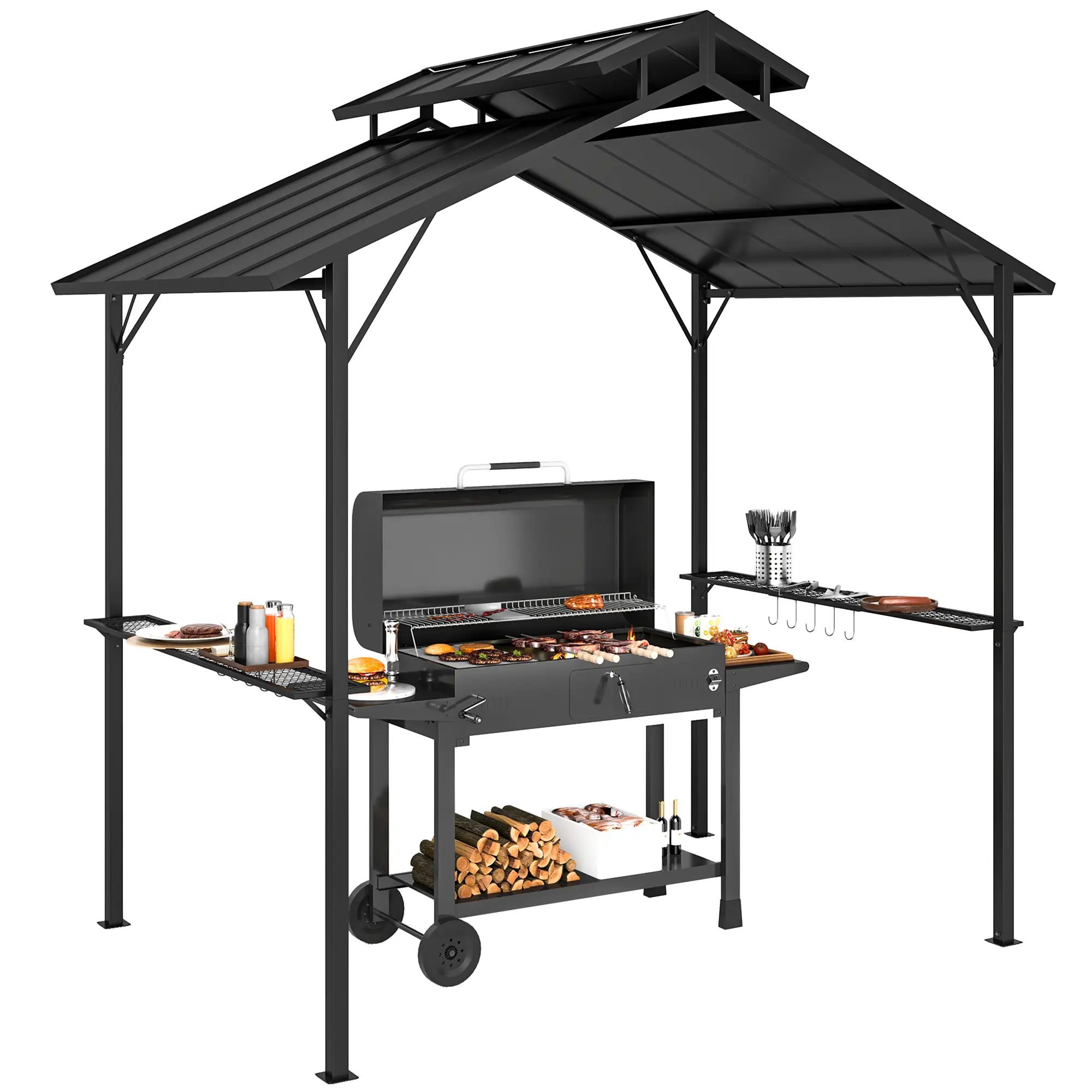 Outsunny 8' x 5' Hardtop Grill Gazebo, Outdoor BBQ Gazebo with Double Metal Roof, 2 Side Shelves and 10 Hooks, Grill Canopy for Patio Backyard Lawn Deck
