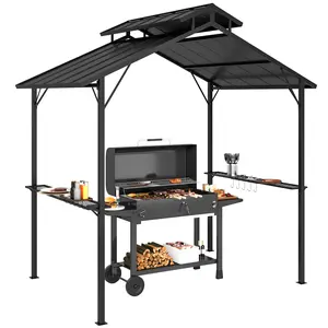 Outsunny 8' x 5' Hardtop Grill Gazebo, Outdoor BBQ Gazebo with Double Metal Roof, 2 Side Shelves and 10 Hooks, Grill Canopy for Patio Backyard Lawn Deck