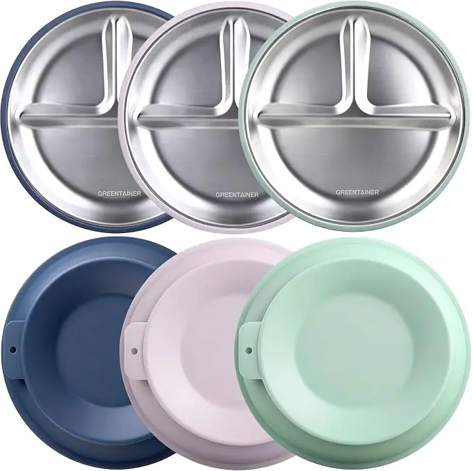 Greentainer 3-Pack Food-Grade SS Non-Slip 3-Section Toddler Plates with Removable Silicone Sleeves, Unbreakable Kids Dishes for Toddler Snacks & Dinner, Non-Toxic Dishwasher-Safe for Child Daycare Use