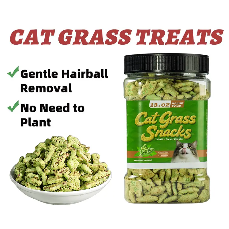 Natural Cat Grass Chew Treats - 13.4oz Salmon Flavor, Catnip-Infused Chicken Biscuits for 12 Months+ Cats, Dental Care & Gentle Hairball Removal Training Snacks