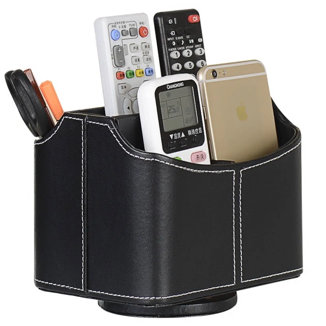 PU Leather Remote Control Holder Rotate 360 ​​degrees Desk Organizer Storage Box for Remote Caddy,TV Guide, Mobile Phone, Pen,Stationery and Media Storage,Bedside Table Organizer(Black) Gift Compartment
