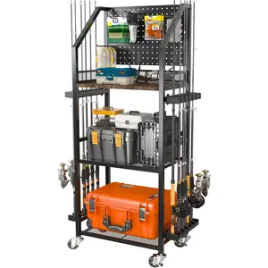 SOYEEZE Fishing Rod Holders for Gara, Fishing Pole Holders Up to 12 Rods with Pegboard and Hooks,Rolling Fishing Cart with Wheels, Fishing ar Stora For Tackle Box & Reel Organization