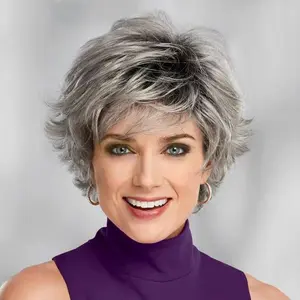 Ombre Gray Wigs for Women Short Wigs with Bangs Pixie Cut Wig for White Women Layered Synthetic Wigs