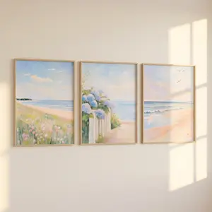 Set of 3 Pastel Coastal Wall Art Poster, Beach Landscape Art Print, Blue Hydrangea Ocean Decor, Unframed Bedroom Wall Art