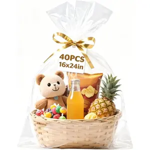 40 count Cellophane Bags, 16 x 24 Inchs Cellophane Wrap for  Baskets, Durable Cellophane  Bag, Clear Basket Bag - Complimentary 40 count Golden Twist Ties