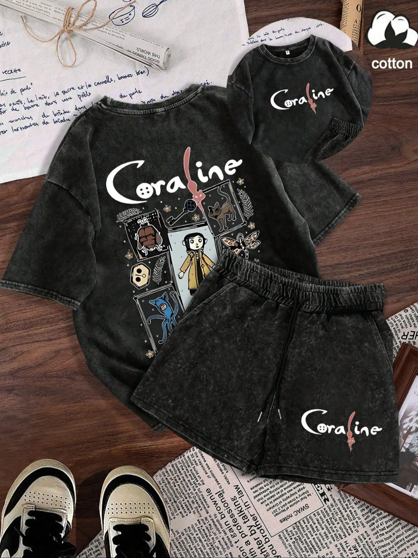 Women's Summer Cotton Breathable Short Sleeve Matching Shorts Set, Loungewear Shorts Sets, Womenswear, Outfit, Clothes, Casual Fashion, Regular Fit, Fitted, Cartoon Print Tee, Perfect for Daily Wear & Outdoor Activities, Vibe