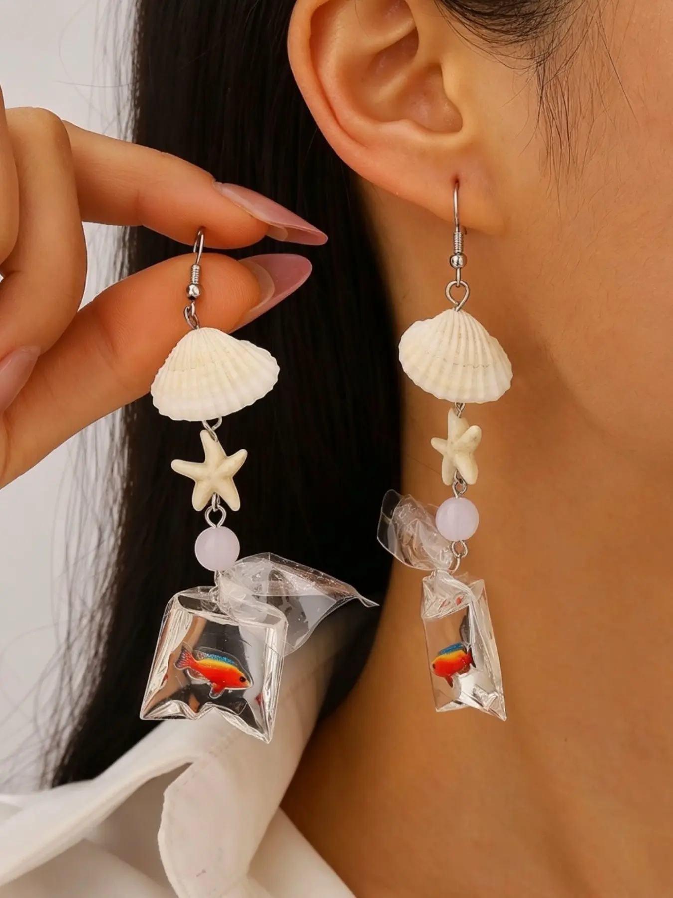 Beach Vibes Tropical Shell Starfish Goldfish Bag Dangle Earrings, Unique Beach Jewelry, Perfect for Summer, Eye-Catching Accessories