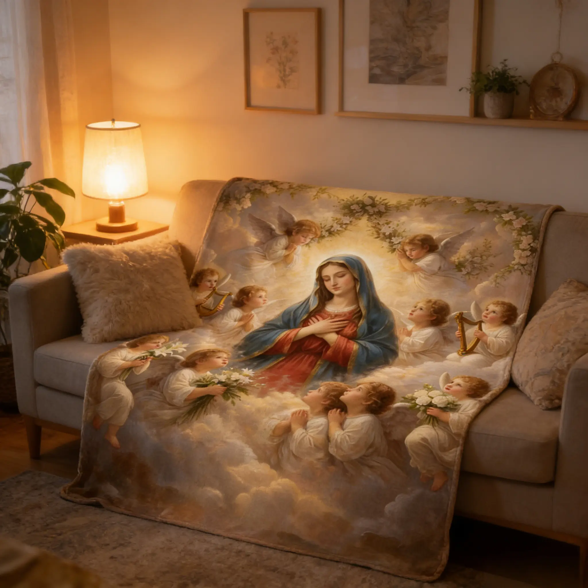 Catholic Christian Blessed Mary & Angels Graphic Flannel Blanket - Soft Cozy, Fluffy Fabric, Vintage Heaven Style, Multi-Size Throw, Bedroom Decorative, Cozy Warm Faith Gift for Women’s Birthday & Mother’s Day Home Decor, Blanket Gifts, Cozy Warm Blanket
