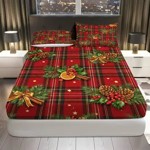 3Pcs Christmas Plaid Pinecone Fitted Sheet Three Piece Set (1*Fitted Sheet+2*Pillowcases, Coreless), Holiday theme, Festive Decor Bedding Set, Mattress protector Soft, Breathable